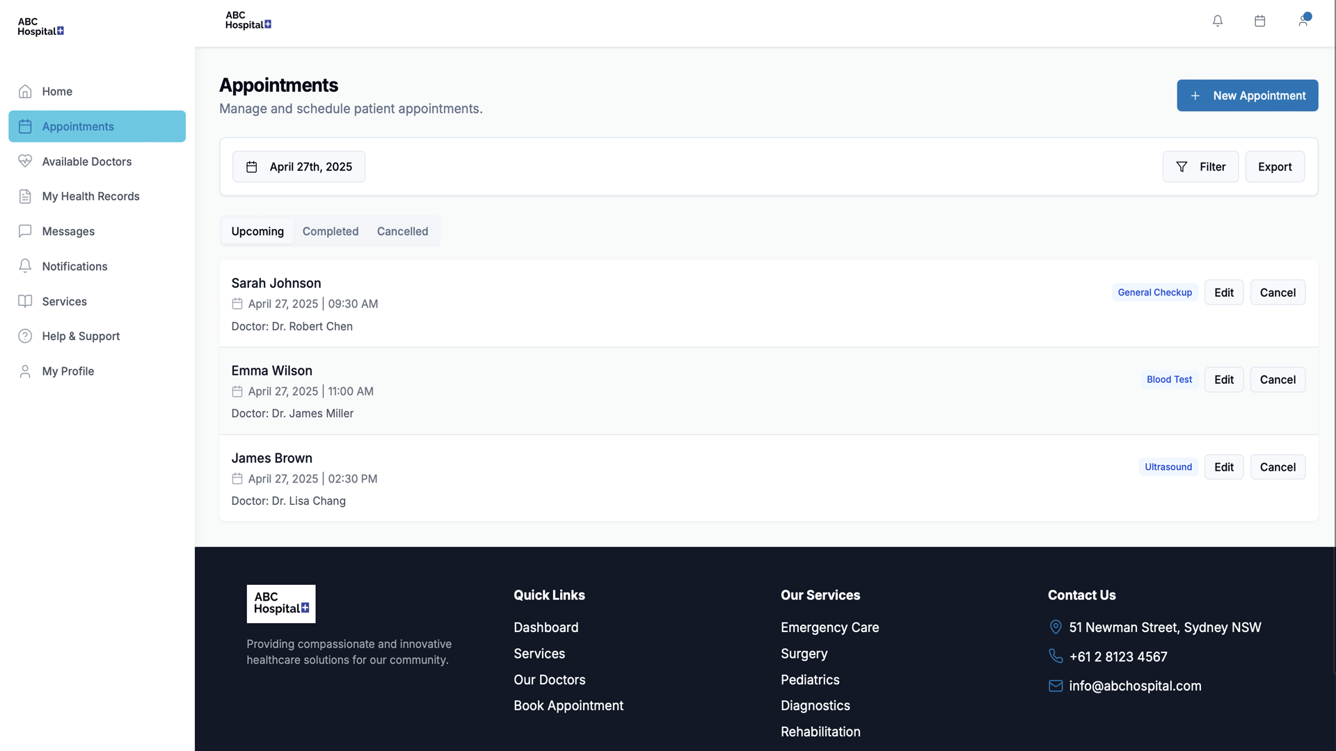 Screenshot of appointment